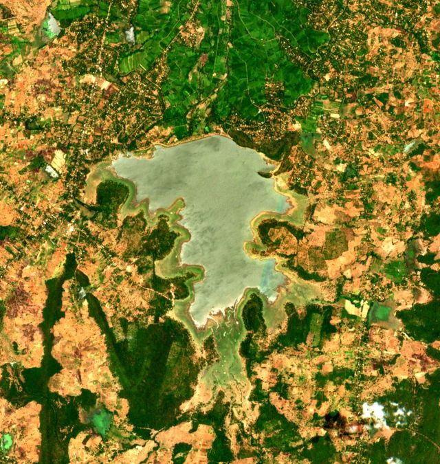 Hurulu Wewa when low, Sentinel-2, 29 July 2023