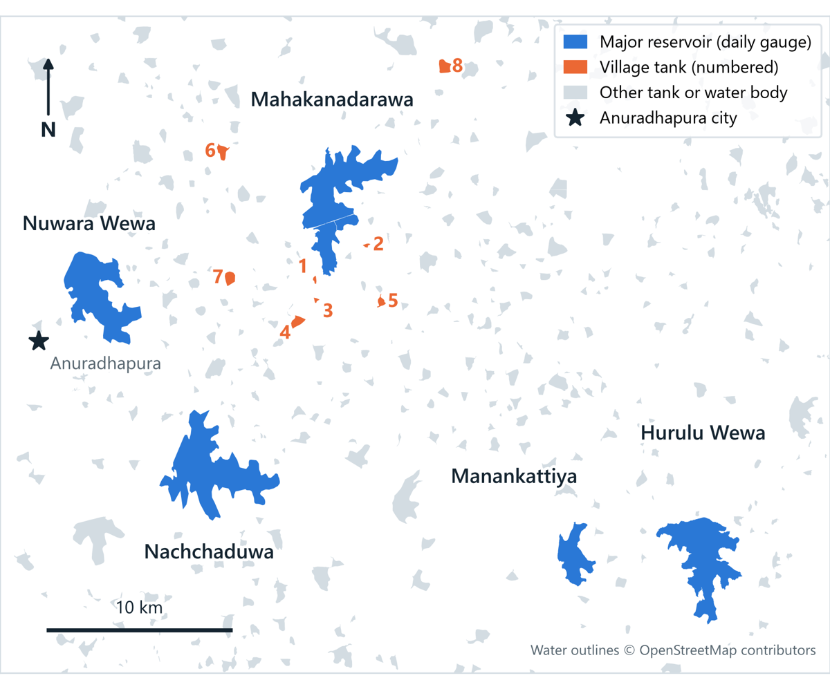 Map of the study area east of Anuradhapura: five major reservoirs in blue and eight numbered village tanks in orange